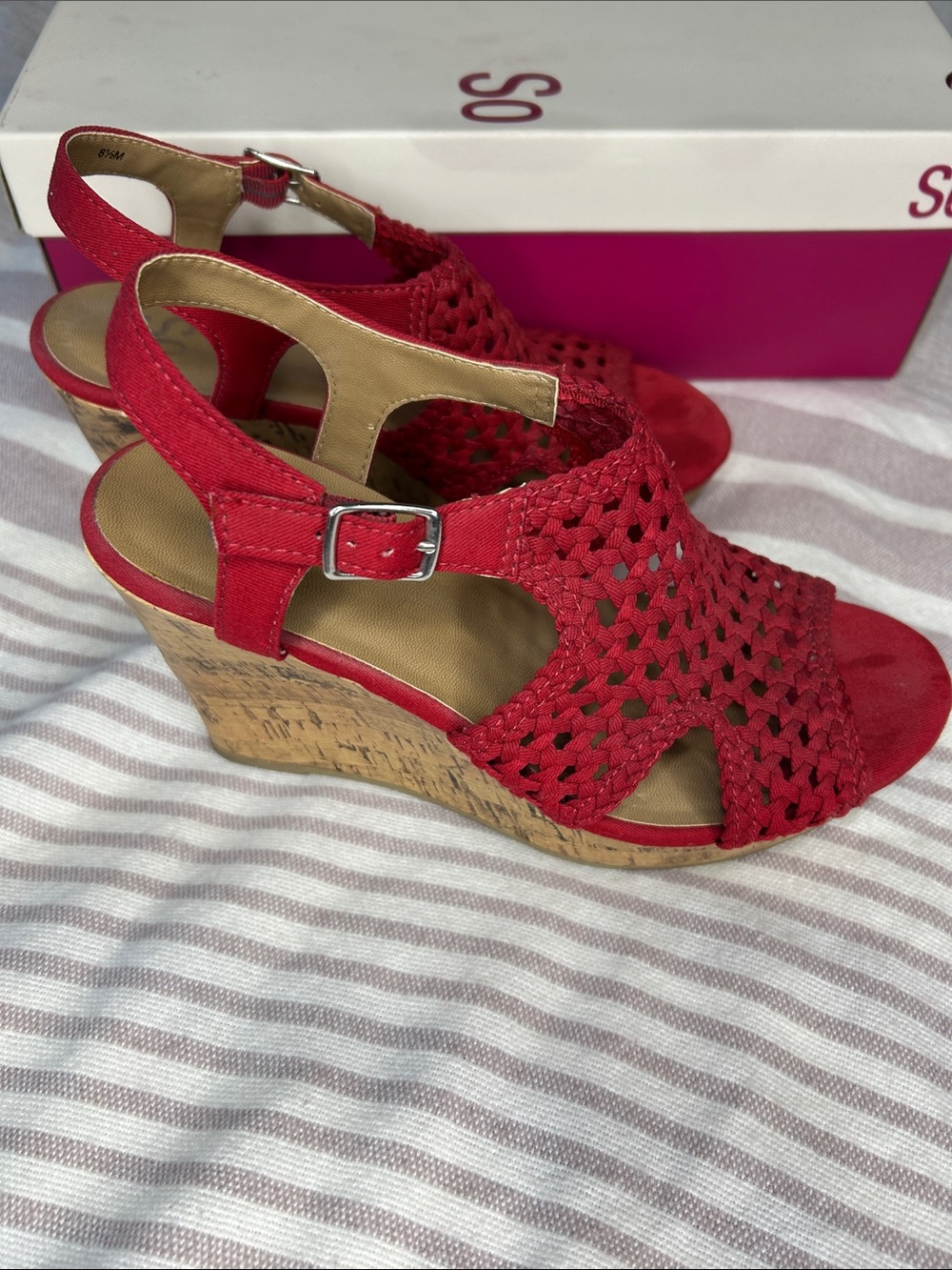 SO Taffy Red Wedge Heels Size 8.5 Women’s Worn Once With Box excellent condition